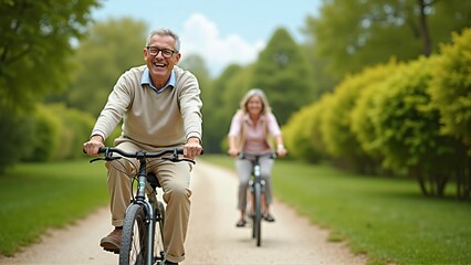 Obraz premium Elderly Couple Riding Bikes Through a Scenic Path Surrounded by Lush Green Trees, Symbol of Wellness and Vitality in Retirement 緑あふれる並木道を自転車で走る高齢の夫婦、老後の健康と活力の象徴的なシーン
