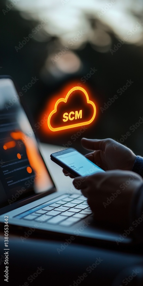 Poster businessman navigating supply chain management using cloud-based software on mobile device