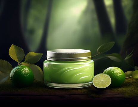 a jar of lime cream next to three limes on a tablea dark forest with trees in the middle of it