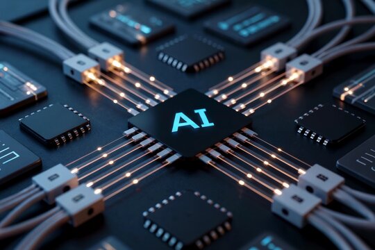 High-tech AI circuit board connection with glowing cables  
