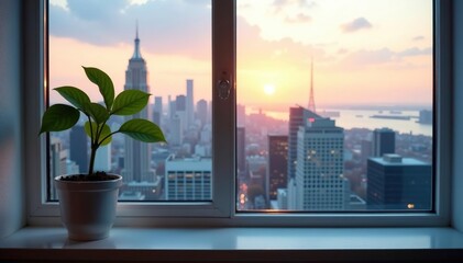 Fototapeta premium Single plant on windowsill, overlooking cityscape, glass, cityscape, isolated