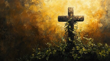 Fototapeta premium Rustic cross amidst foliage, an artistic representation of faith and nature
