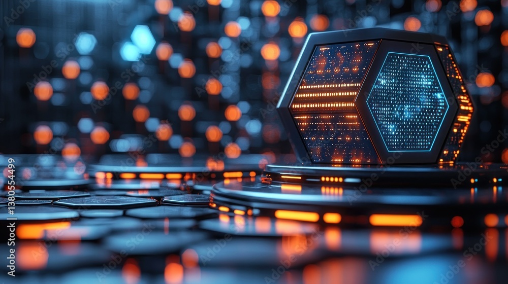 Poster futuristic data cube: a sci-fi digital core illuminated