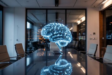 Futuristic holographic brain reflecting on a sleek conference table  