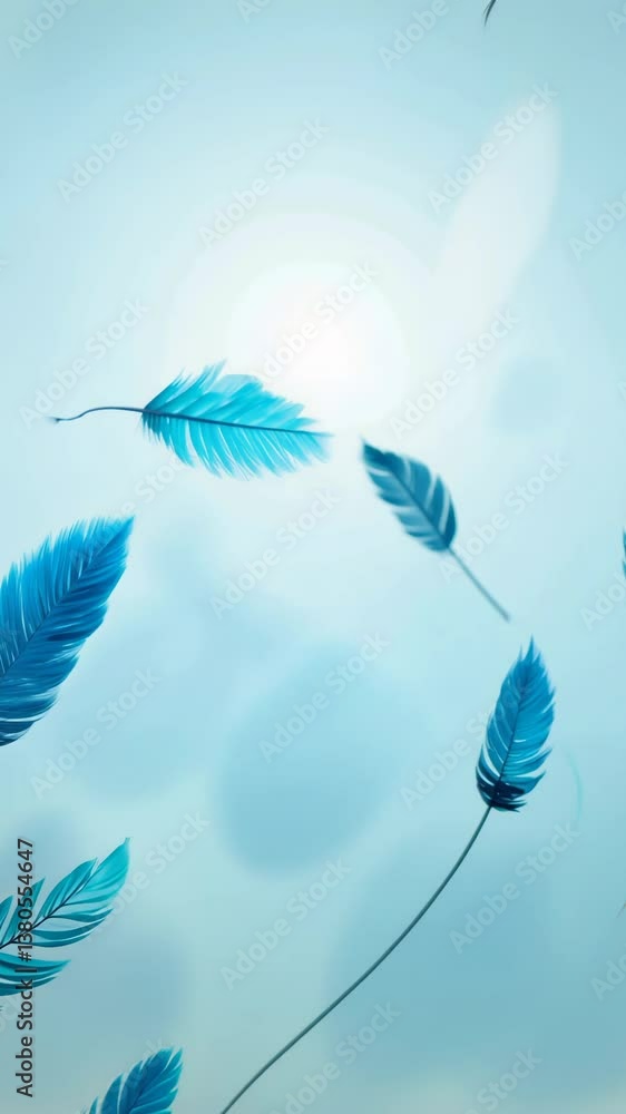 Poster a blue feather with a white background. the feather is in the middle of the image
