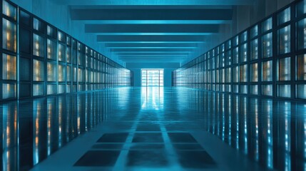 A long corridor in a modern data center or library with rows of tall glass-enclosed shelves on either side