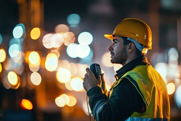 Construction Worker in Yellow Hard Hat Communicating on Radio at Night with City Lights Background