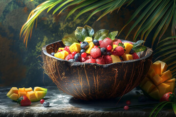 Naklejka premium A vibrant display of fresh, colorful fruits including strawberries, blueberries, and mangoes in a rustic coconut bowl.