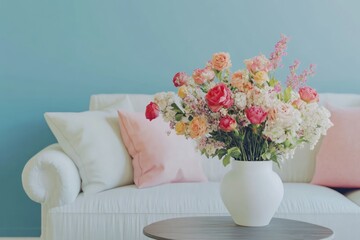 Elegant Flower Arrangement on Cozy Sofa with Soft Cushions in Calm Interior Setting