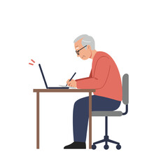 Elderly man concentrating on work at a desk  