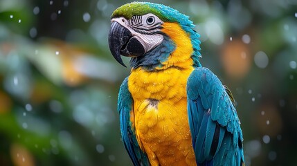 Fototapeta premium Colorful parrot, vibrant plumage in rain. Close-up, detailed feathers