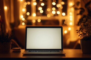 Cozy Workspace with Laptop and Warm Holiday Lights in Background for Inspiration and Productivity