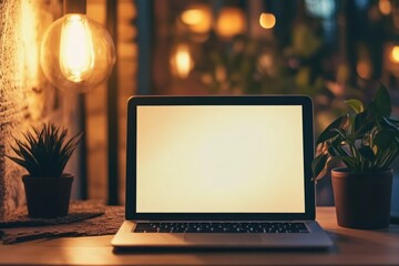 Cozy Workspace with Laptop, Plants, and Warm Lighting in Home Environment at Night