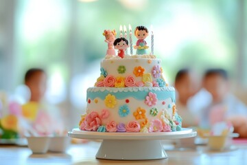 Colorful Birthday Cake with Candle Decor and Cheerful Figurines for Celebratory Event