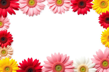 row of colorful gerbera daisies on a white wooden background