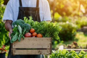 Fresh Harvest of Organic Vegetables in Wooden Crate on Sunny Day in Garden