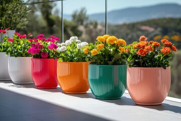Colorful Flower Pots in Bright Sunshine on Modern Balcony with Scenic View