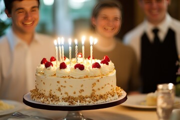 Joyful Celebration with Birthday Cake Surrounded by Smiling Friends and Candles Brightly Lit