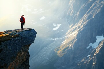 Solo Hiker Standing on Rocky Cliff Overlooking Scenic Mountain Landscape at Sunrise