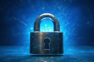 Security Lock With Blue Light Background For Concept Of Protection And Data Privacy