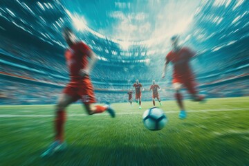 Intense Action on Soccer Field with Players Running Towards Ball in Blur Effect