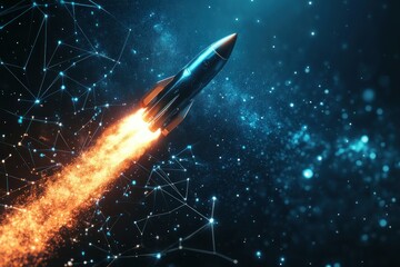 Rocket Launching Into Space With Bright Flames and Stars in Cosmic Background