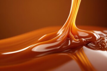 Smooth and Glossy Caramel Sauce Dripping on a Rich Brown Surface in Soft Lighting