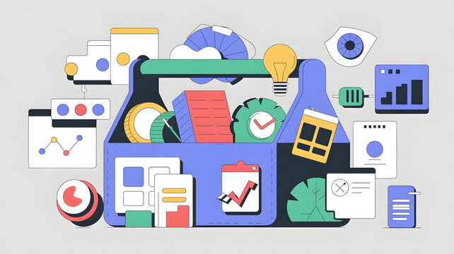 Productivity Tools: A digital toolkit filled with various software icons and apps, symbolizing productivity tools in business.	