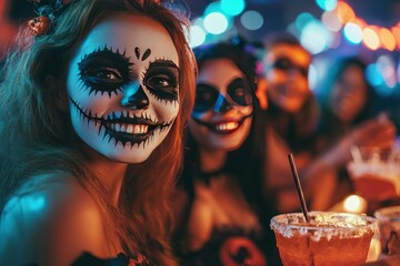Happy Friends Celebrating Halloween with Creative Face Paints and Colorful Drinks at Party