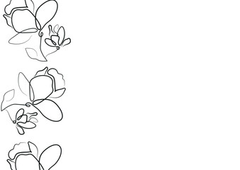 black and white poster template with flowers, namely with open magnolia buds in line art style