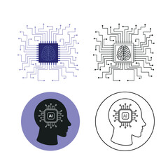 Vector illustration AI Chip and Brain Circuit Board Icons