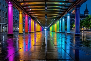 Fototapeta premium A vibrant night scene at Alexanderplatz, with neon lights reflecting on the wet pavement after rain