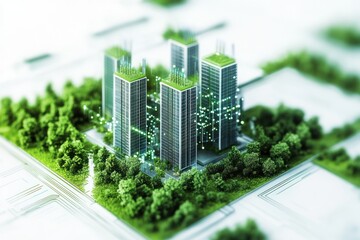 Modern City Buildings with Green Rooftops Surrounded by Nature and Smart Technology Elements
