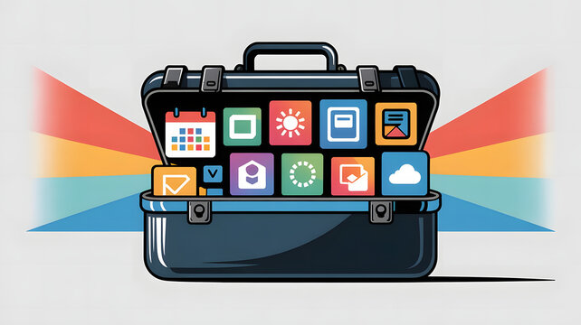 Productivity Tools: A digital toolkit filled with various software icons and apps, symbolizing productivity tools in business.	