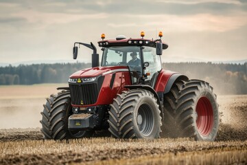 Powerful Red Tractor Working in Agricultural Field with Dusty Background and Scenic Landscape