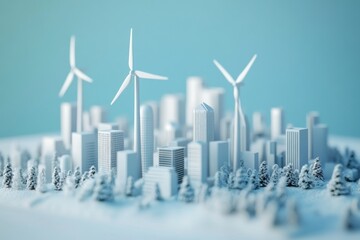 White Miniature Cityscape with Wind Turbines and Trees in Soft Focus on Light Blue Background