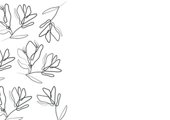 black and white template for posters, postcards or invitations with flower buds, namely with magnolia flowers on branches in line art style