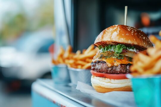 Juicy hamburger with cheddar cheese, lettuce, tomato, and crispy fries served in food truck