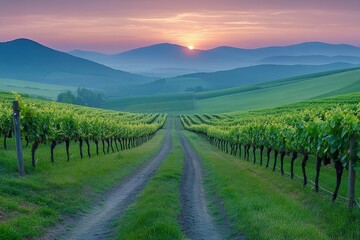 Naklejka premium A vineyard in the Hudson Valley at sunset, with rows of grapevines stretching into the distance