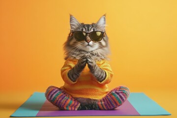Cat Practicing Yoga in Colorful Sweater and Sunglasses on Vibrant Background