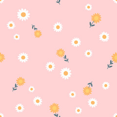 Seamless pattern with daisies and orange flower on pink background vector.