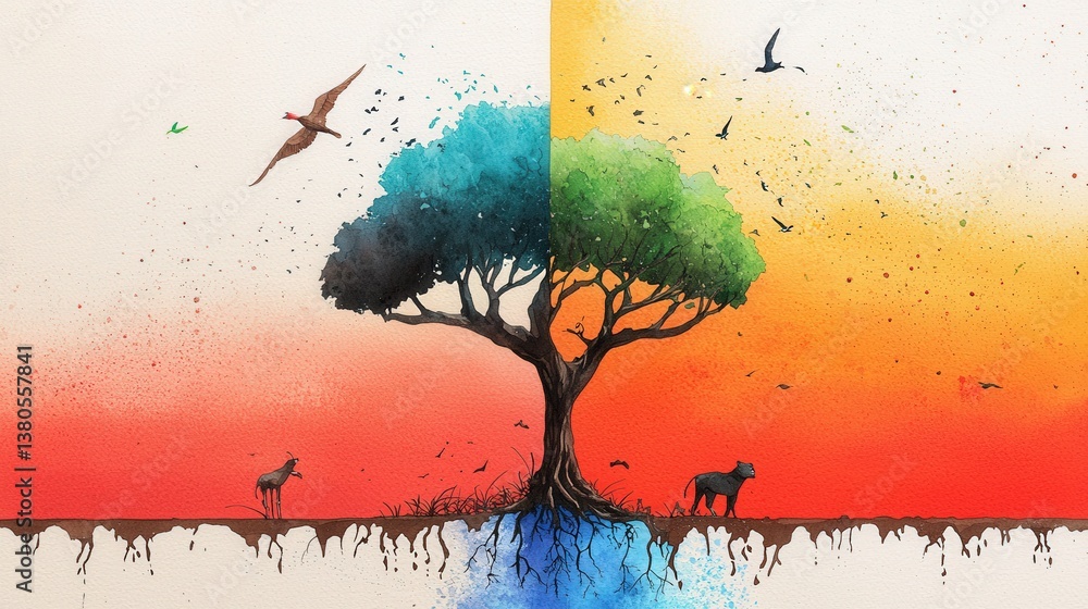 Poster a tree with a bird on it is shown in two different colors. the tree is split in half