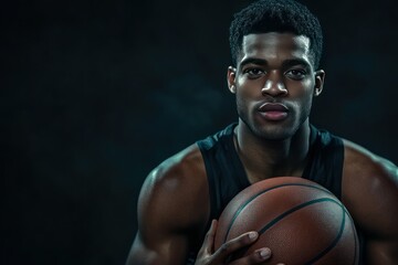 Intense Portrait of Male Basketball Player Holding Ball with Focused Expression in Dark Setting