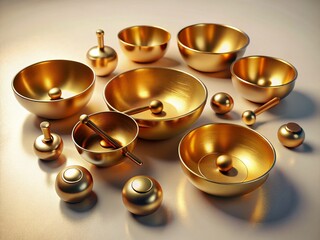 Serene Night: Golden Singing Bowls & Mallets, Flat Lay, White Background