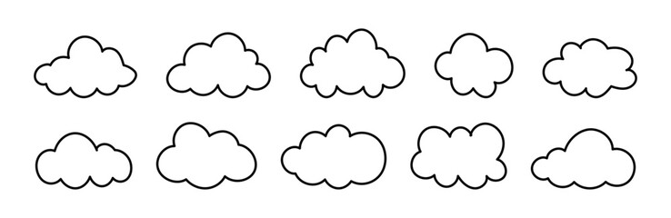 Flat outline clouds. Doodle fluffy clouds. Puffy, cumulus clouds. Cloudy forms mockups in black thin contour. Weather element minimal templates. Objects cloudscape layouts. Hand drawn black cute icon.