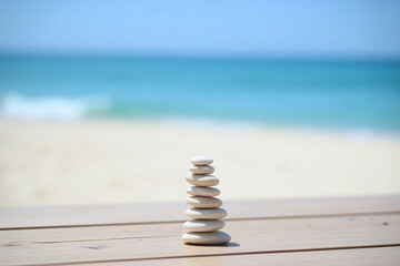 Obraz premium stack of pebbles sitting on top of a wooden table