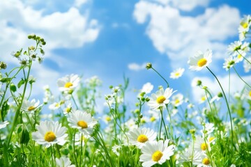 Bright Wildflower Field Under a Blue Sky with White Clouds and Gentle Sunshine in Spring