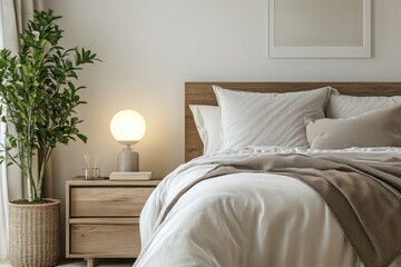 Modern Minimalist Bedroom with Cozy Decor and Natural Plants for Relaxation and Comfort