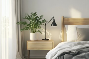 Cozy Bedroom Corner with Wooden Bed, Nightstand, Lamp, Plant, and Soft Bedding in Natural Light