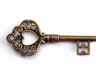 antique ornate skeleton key isolated on a white background with vintage metal patina and filigree designs